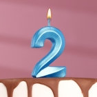 Свеча в торт "Грань", цифра "2", голубой металлик, 6,5 см 