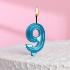 Свеча в торт "Грань", цифра "9", голубой металлик, 6,5 см 