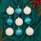 Набор шаров пластик d-6 см, 9 шт "Праздничное настроение полоски" бело-голубой   6536933      