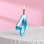 Свеча в торт "Грань", цифра "4", голубой металлик, 6,5 см 