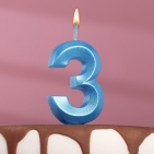 Свеча в торт "Грань", цифра "3", голубой металлик, 6,5 см 