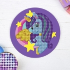 Алмазная мозаика для детей "Пони" на круглой основе + емкость, стерж, клеев подушечка  