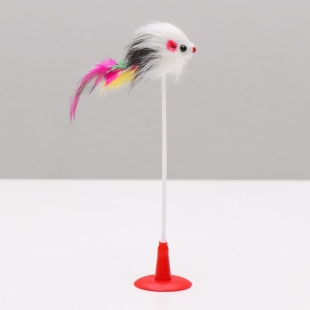 Дразнилка "Мышь на присоске", искусственный мех с перьями, 20 см, микс цветов                      фото 109396