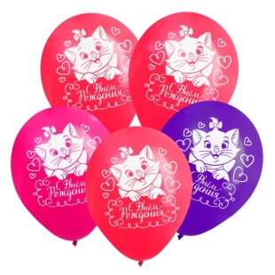 Воздушные шары "С Днем Рождения"сердечки Кошечка Мари (набор 5 шт) 12 дюйм  фото 110895