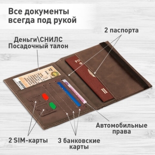 Обложка для паспорта с карманами и резинкой, мягкая экокожа, "PASSPORT", коричневая, BRAUBERG 238204 фото 113657