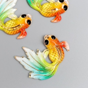 Декор для творчества пластик "Рыбка оранж с зелёно-голубым хвостом" с золотом 2,5х3 см    фото 113276
